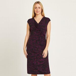 Lauren Ralph Lauren Purple & Black Faux Wrap Dress Size 14 | Ruched Cap Sleeve M